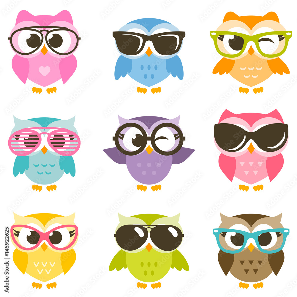 set of colorful owls with sunglasses set of colorful owls with sunglasses