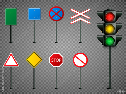 Set of road signs, traffic light. EPS10 vector illustration. Isolated on transparent background.