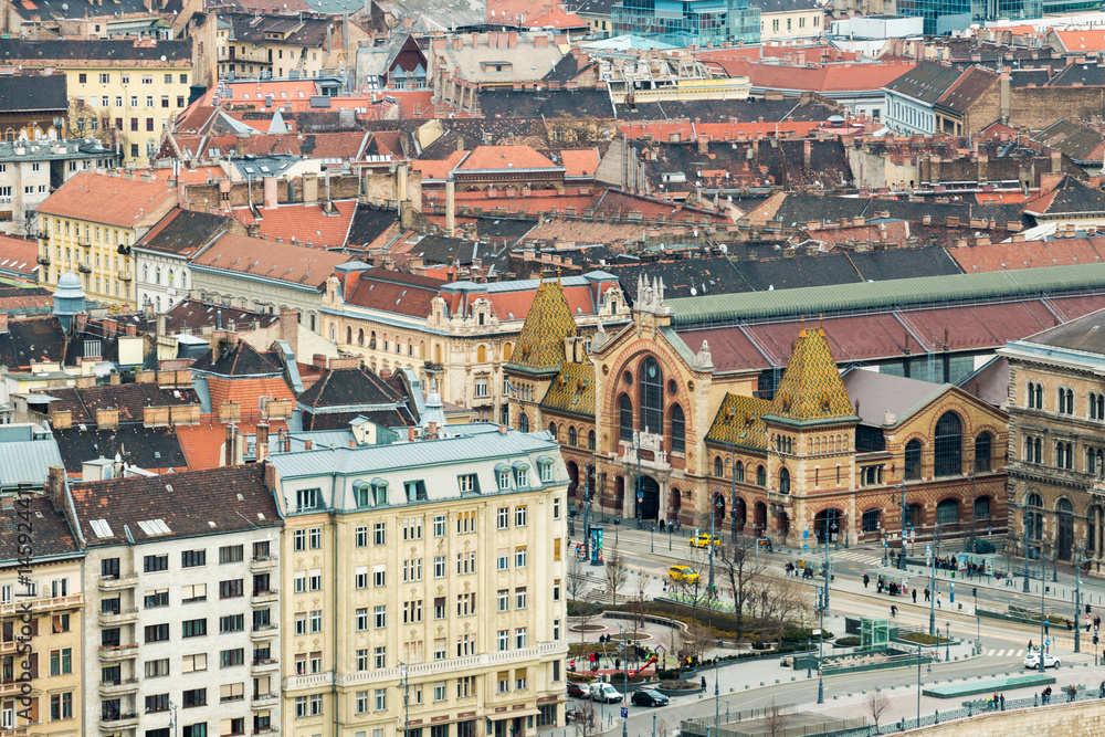 View from Gellert Hill to Pest side and square near Great Market Hall in Budapest, Hungary