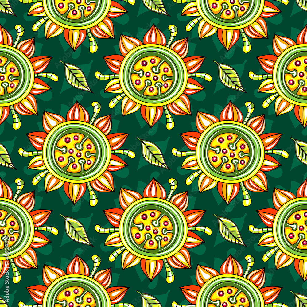 Seamless endless floral pattern with decorative Sunflowers and leaves isolated on dark background. Can be used as wallpaper or wrapping paper. Vector illustration Seamless endless floral pattern with decorative Sunflowers and leaves isolated on dark background. Can be used as wallpaper or wrapping paper. Vector illustration