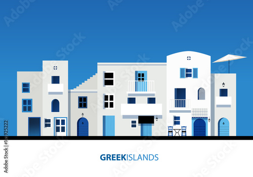 Greek Islands. View of typical greek island architecture on blue sky. Vector Illustration