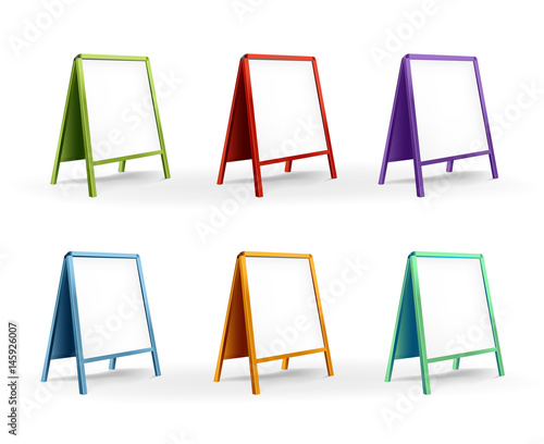 Set of empty outdoor indoor sidewalks signboard. Stander advertising stand banner shield display. Vector Illustration Isolated On White Background.


