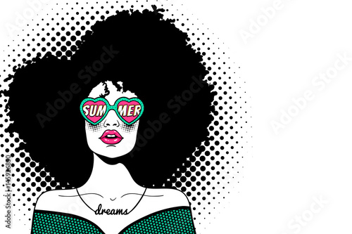 Wow pop art face. Sexy woman with black afro curly hair and open mouth and sunglasses in form of heart with inscription summer in reflection. Vector background in pop art retro comic dots style.