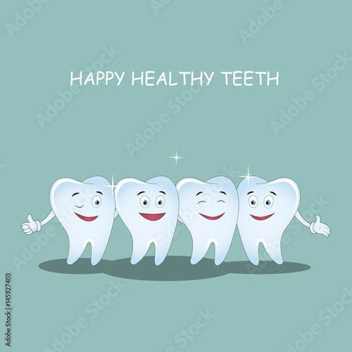 Happy healthy teeth. Vector illustration. Illustration for children dentistry and orthodontics.
