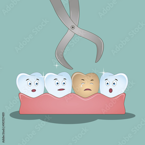 Illustration for children dentistry and orthodontics. Dental cartoon vector, tooth extraction by dental tools.Vector illustration.