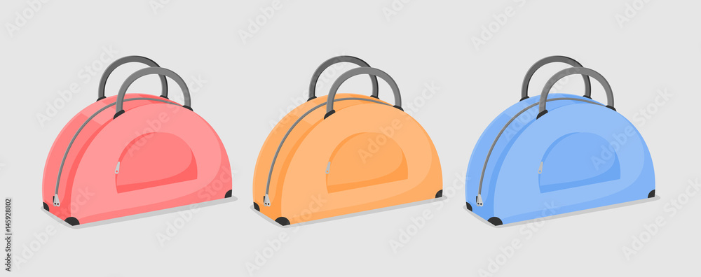 Set of beautiful woman's bags of pink, orange and blue color isolated on a white background.