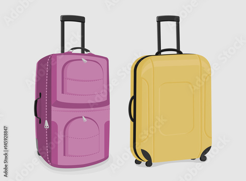 Two sturdy suitcases of pink and yellow colour isolated on white background.