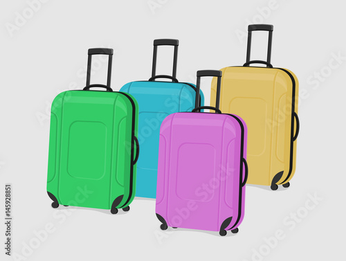 Vector illustration of suitcases. Leightweit green, blue, pink and yellow boarding bags isolated on a white background.