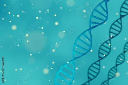 3D rendering of a DNA structure, blue abstract background with copyspace