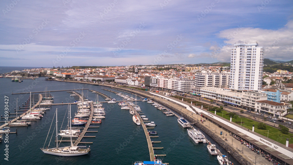 City with harbor at Ponta Delgada, capital city of the Azores at Sao Miguel Island