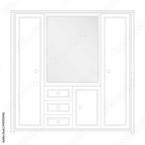 Front elevation of a set a luxurious white color wardrobe design in isolated background
