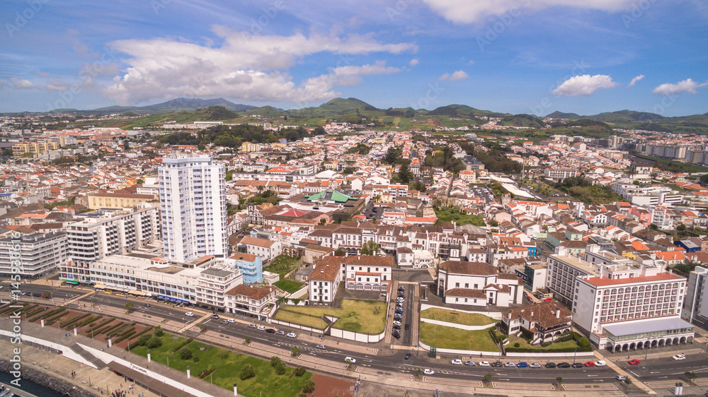 Panoramic view of Ponta Delgada, Azores, Portugal. at morning aerial view