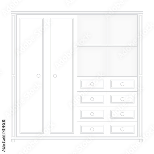 Front elevation of a set a luxurious white color wardrobe design in isolated background