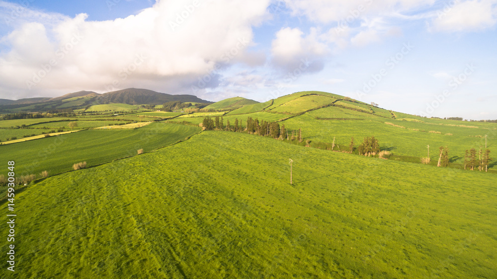 Aerial view of farm fields in the Sao Miguel Island in Azores, Portugal wide angle