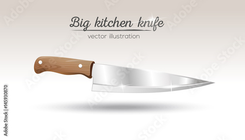 Big chef kitchen knife with wooden handle. Cooking utensils. Realistic vector illustration