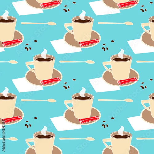 Tapety Filiżanka kawy i łyżka, cukier i ziarna kawy. Wzór pod maską.