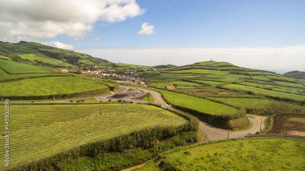 Aerial view of rural landscape of Sao Miguel island with cows Azores, Portugal