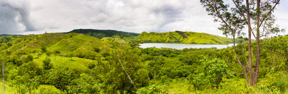 Panoramic view of the green hills, lush trees and the sea bay