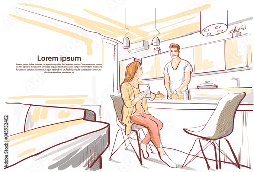 Couple Having Breakfast, Woman Show Tablet Computer To Man Cooking Food Kitchen Studio Sketch Vector Illustration