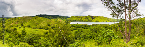 Panoramic view of the green hills, lush trees and the sea bay