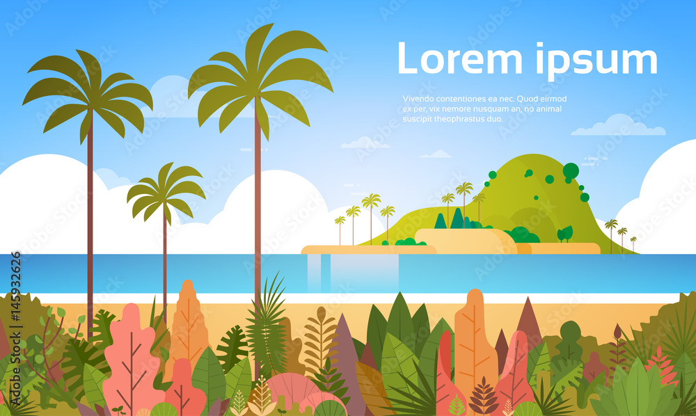 Tropical Beach Island Palm Tree Ocean Summer Vacation Concept Flat Vector Illustration