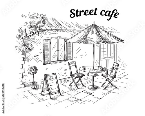 Fotografija French Street Cafe, Hand drawn Vector Illustration