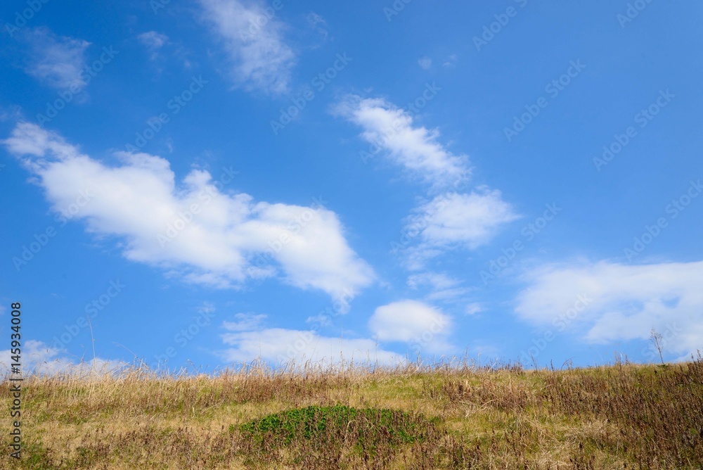 青空と白い浮雲と河川敷の土手
快晴の美しい青空の日は心が晴れる。