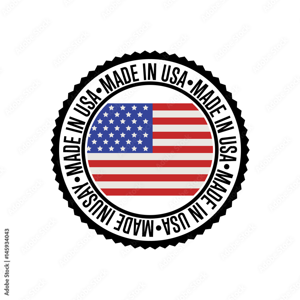 Made in USA round rubber stamp for products vector illustration isolated on white background. Exporting stamp with united states flag, certificate element Made in USA round rubber stamp for products vector illustration isolated on white background. Exporting stamp with united states flag, certificate element