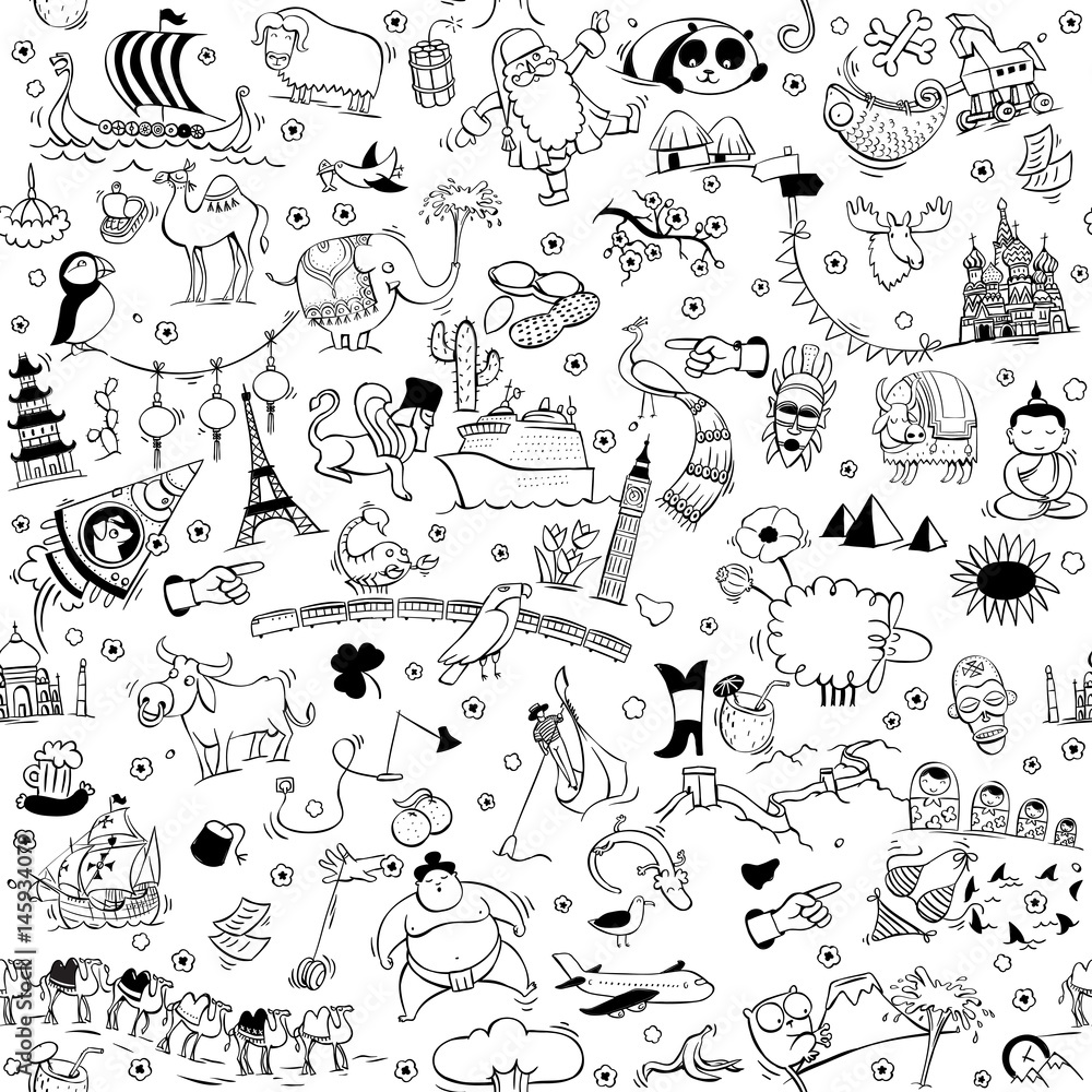 Fototapeta premium Around the World seamless pattern in black and white