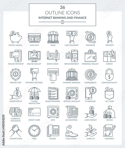Outline Icons of Banking and Finance