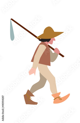 Medieval peasant in hat and with sack vector illustration isolated on white background. Countryman character in flat design.