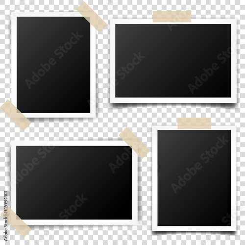 Photo card,frame,film set. Retro,vintage photograph with shadow and tape.Digital snapshot,image.Photography art. Template or mockup for design.Vector illustration on a transparent background.