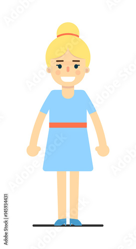 Smiling young blonde girl in blue dress isolated on white background vector illustration. People personage in flat design.