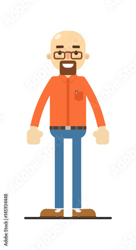 Happy bald and bearded man isolated on white background vector illustration. People personage in flat design.
