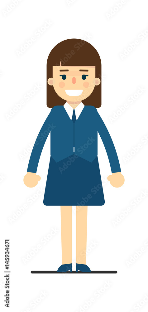 Young elegant woman in blue suit isolated on white background vector illustration. People personage in flat design.