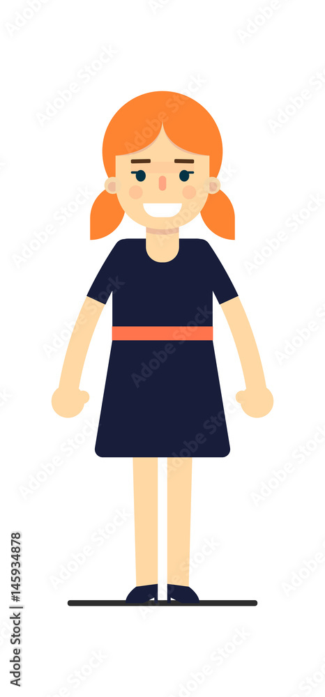 Young redhead girl in blue dress isolated on white background vector illustration. People personage in flat design. Young redhead girl in blue dress isolated on white background vector illustration. People personage in flat design.