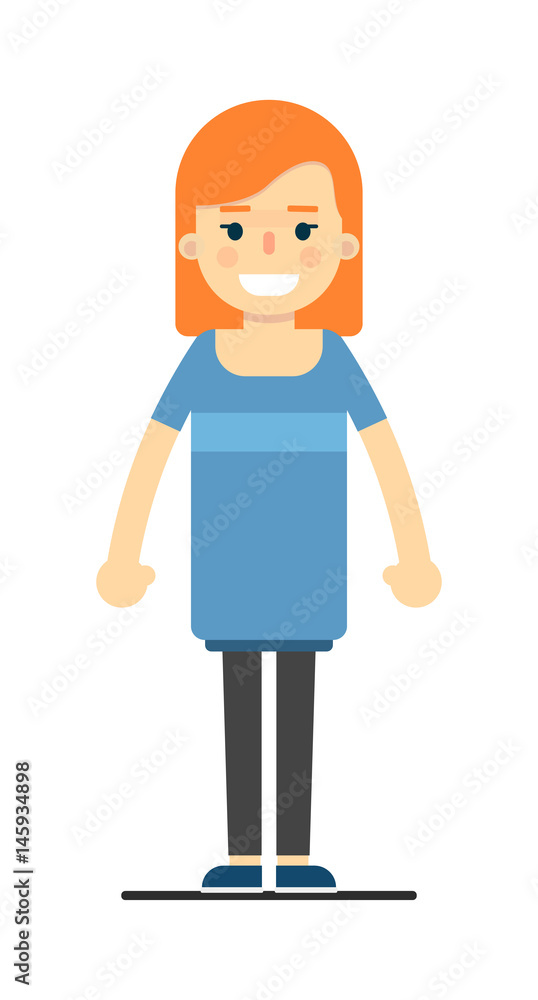 Pretty redhead girl in blue dress isolated on white background vector illustration. People personage in flat design.