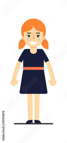 Young redhead girl in blue dress isolated on white background vector illustration. People personage in flat design.