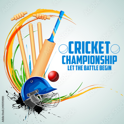 Player bat, ball and helmet on cricket sports background