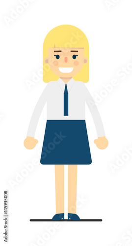 Smiling young blonde girl in corporate uniform isolated on white background vector illustration. People personage in flat design.