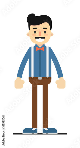 Positive standing man in shirt and pants isolated on white background vector illustration. People personage in flat design.