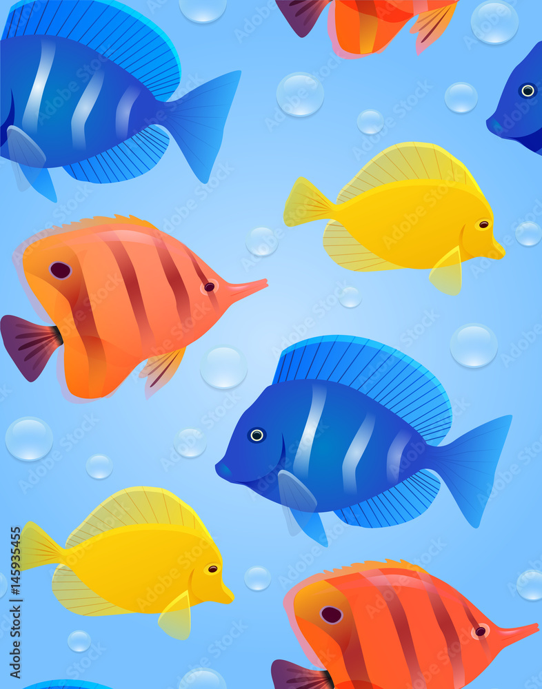 Seamless texture with sea tropical fish and bubbles. Vector bright pattern for wrapping paper, wallpaper and your design Seamless texture with sea tropical fish and bubbles. Vector bright pattern for wrapping paper, wallpaper and your design