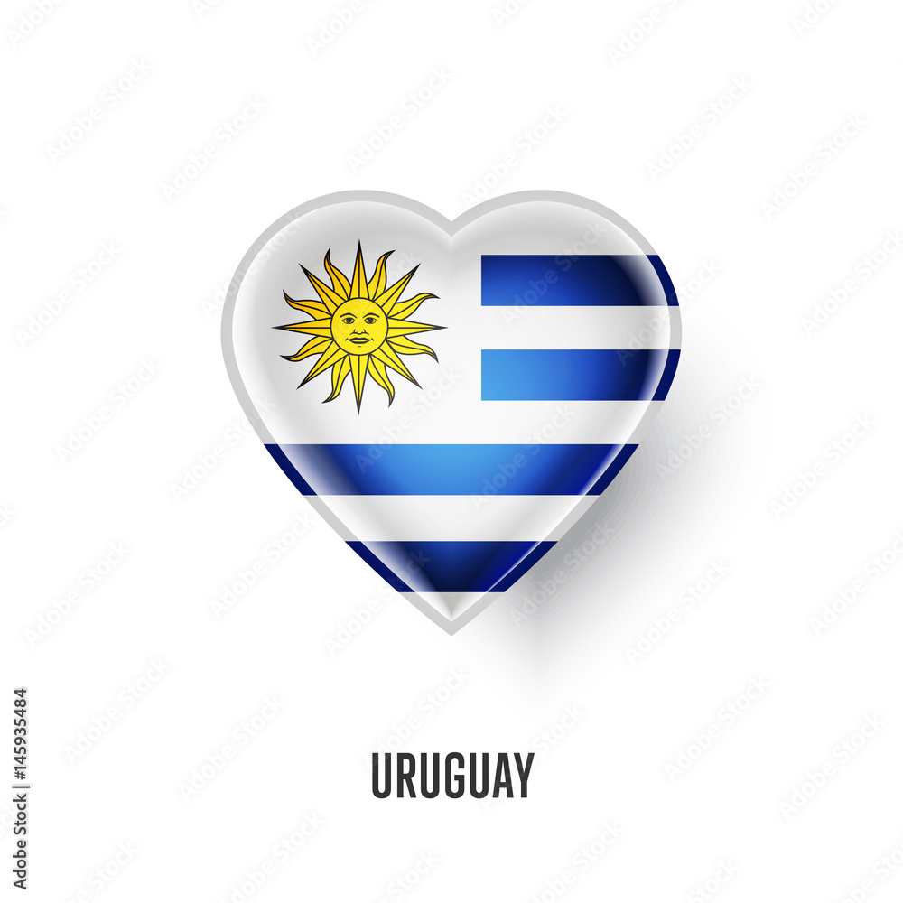 Obraz premium Patriotic heart symbol with Uruguay flag vector illustration isolated on white background. Love Uruguay design element or shiny logo, glossy button.
