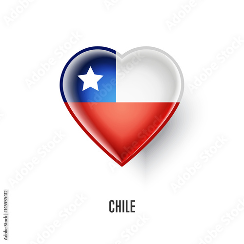 Patriotic heart symbol with Chile flag vector illustration isolated on white background. Love Chile design element or shiny logo, glossy button.