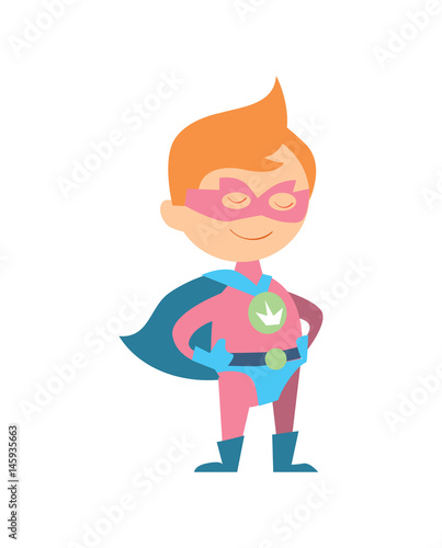 Funny kid in superman costume vector illustration isolated on white background. Boy in superhero costume character in flat design.