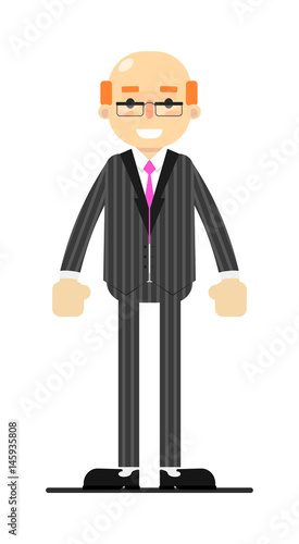 Adult bald man in business suit and tie isolated on white background vector illustration. People personage in flat design.