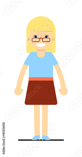 Happy pretty blonde girl in blouse and skirt isolated on white background vector illustration. People personage in flat design.
