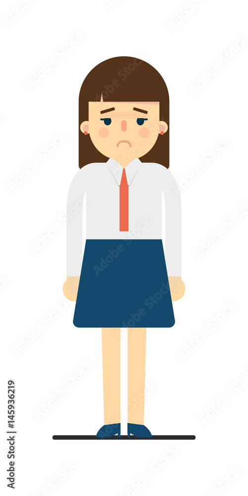 Sad young woman in uniform isolated on white background vector illustration. Beautiful pretty school girl in blouse and skirt in flat design. Sad young woman in uniform isolated on white background vector illustration. Beautiful pretty school girl in blouse and skirt in flat design.