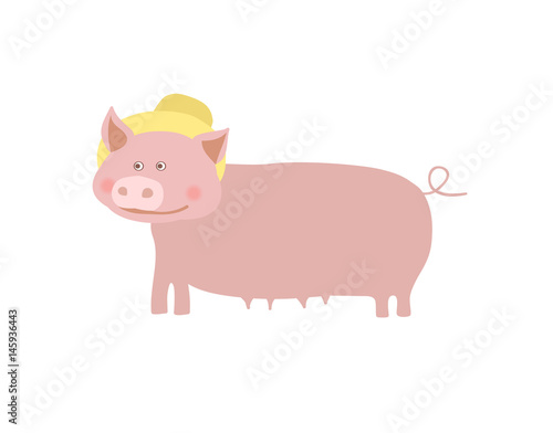 Farm pet pig with hat vector illustration isolated on white background. Cute farm animal, domestic livestock in cartoon style.