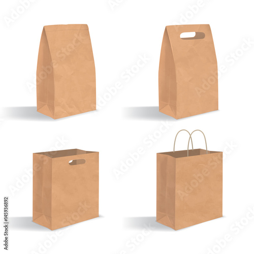 Collection of empty brown paper bag with handles. Realistic kraft package with shadows isolated on white background. Set of design templates.